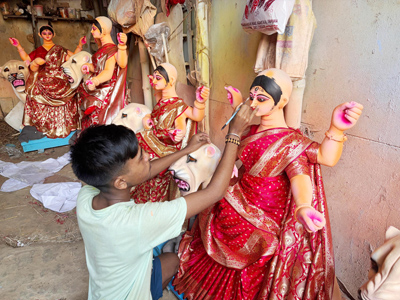 Clay made idols of Goddess Jagadhatri are being prepared in a studio at Agartala on October 28 ahead of worship of the Goddess.